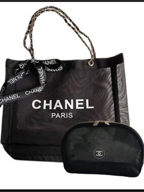 CHANEL Black Mesh Beach Tote with Matching Cosmetic Pouch
